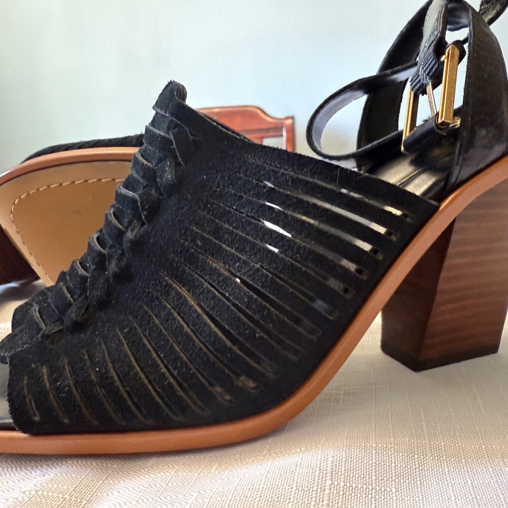 Vince Camuto ankle strap Black leatherBrown Architectural Heel NWT